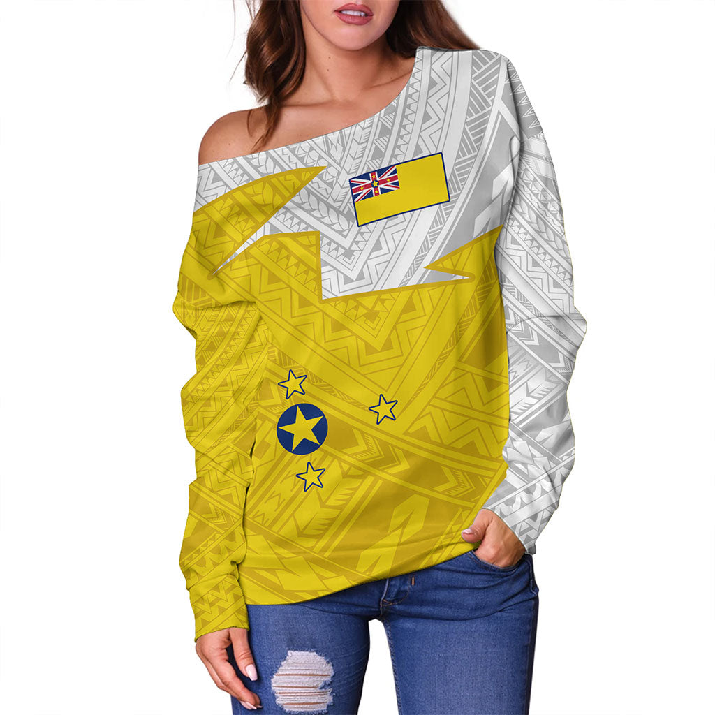 Niue Off Shoulder Sweatshirt Polynesian Tattoo Flag And Coat Of Arms