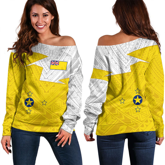 Niue Off Shoulder Sweatshirt Polynesian Tattoo Flag And Coat Of Arms