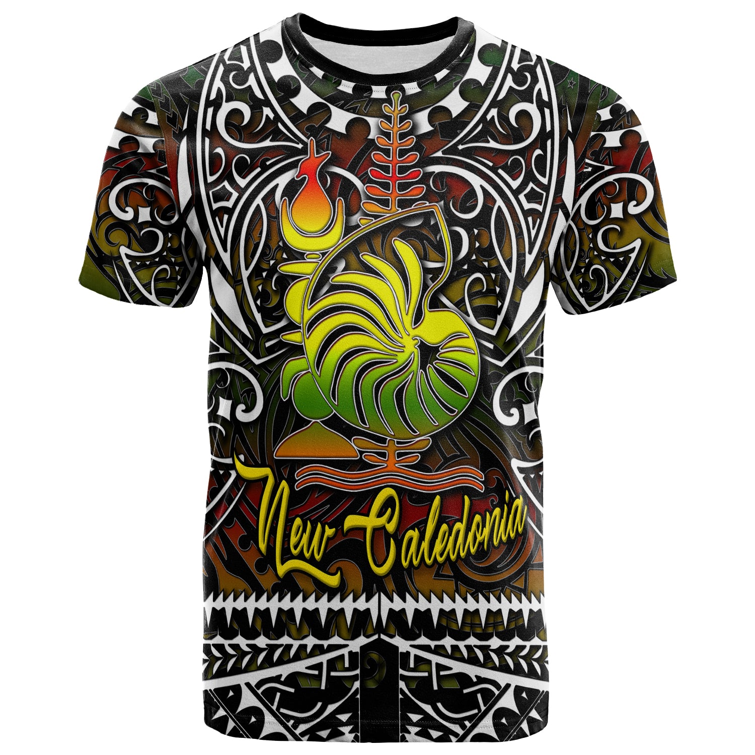 New Caledonia T-shirt - Custom New Caledonia Coat Of Arms Polynesian Pattern T-shirt