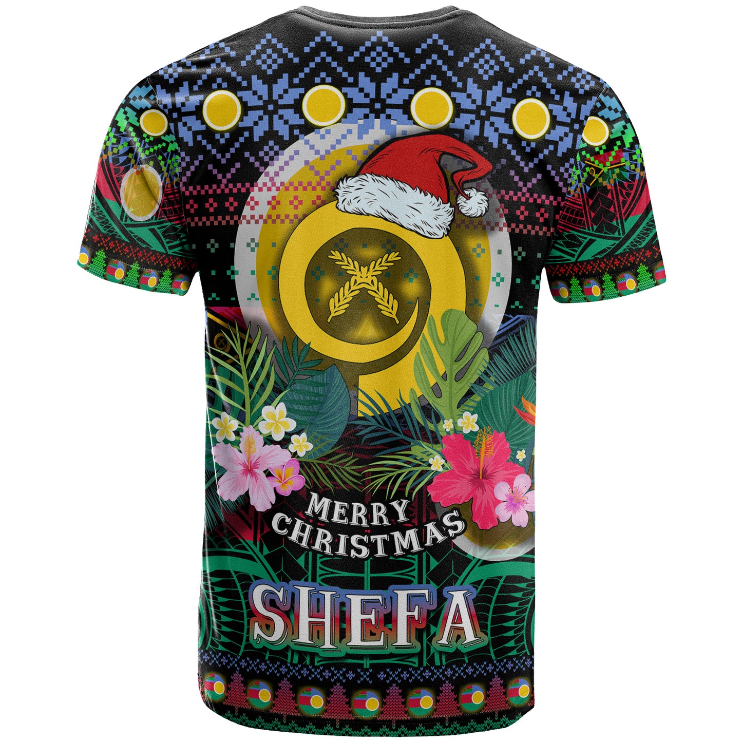 Shefa Polynesian Christmas T-Shirt - Custom Shefa Vanuatu Coat of Arms Christmas Hat Polynesian Patterns T-Shirt