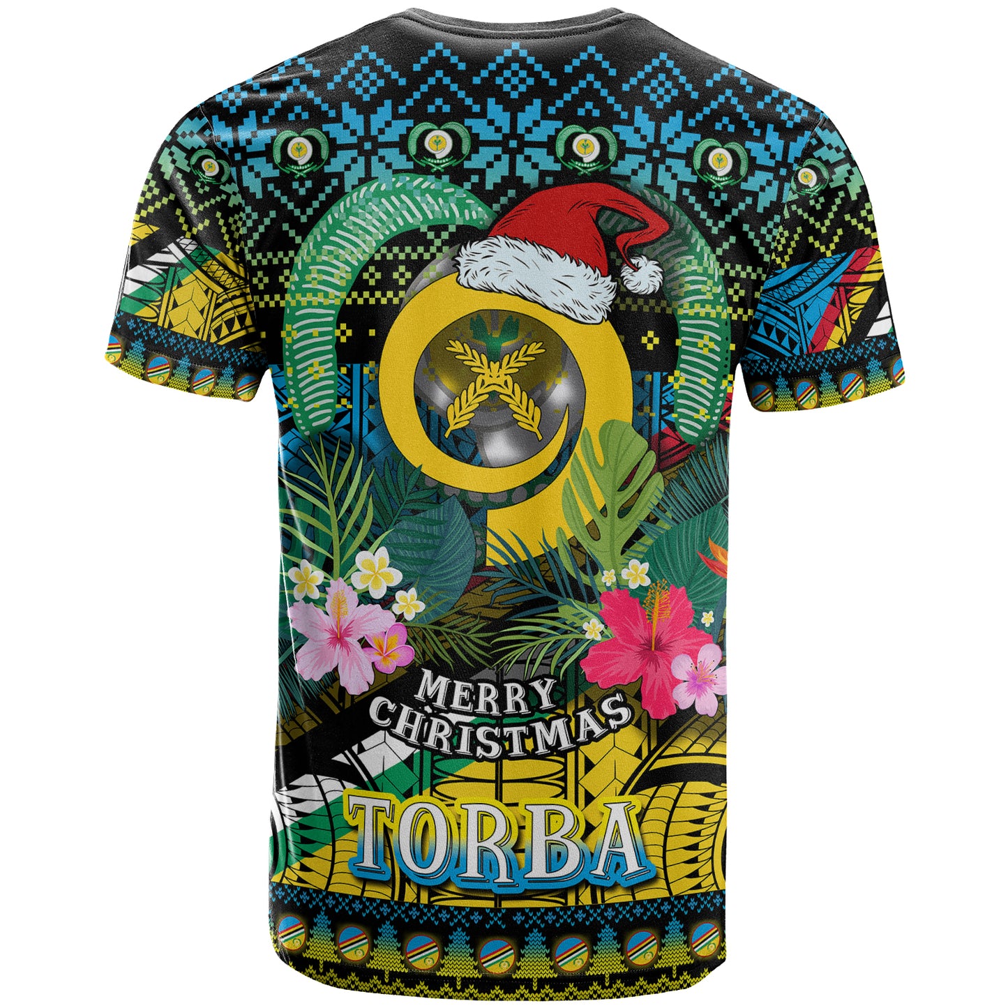 Torba Polynesian Christmas T-Shirt - Custom Torba Vanuatu Coat of Arms Christmas Hat Polynesian Patterns T-Shirt