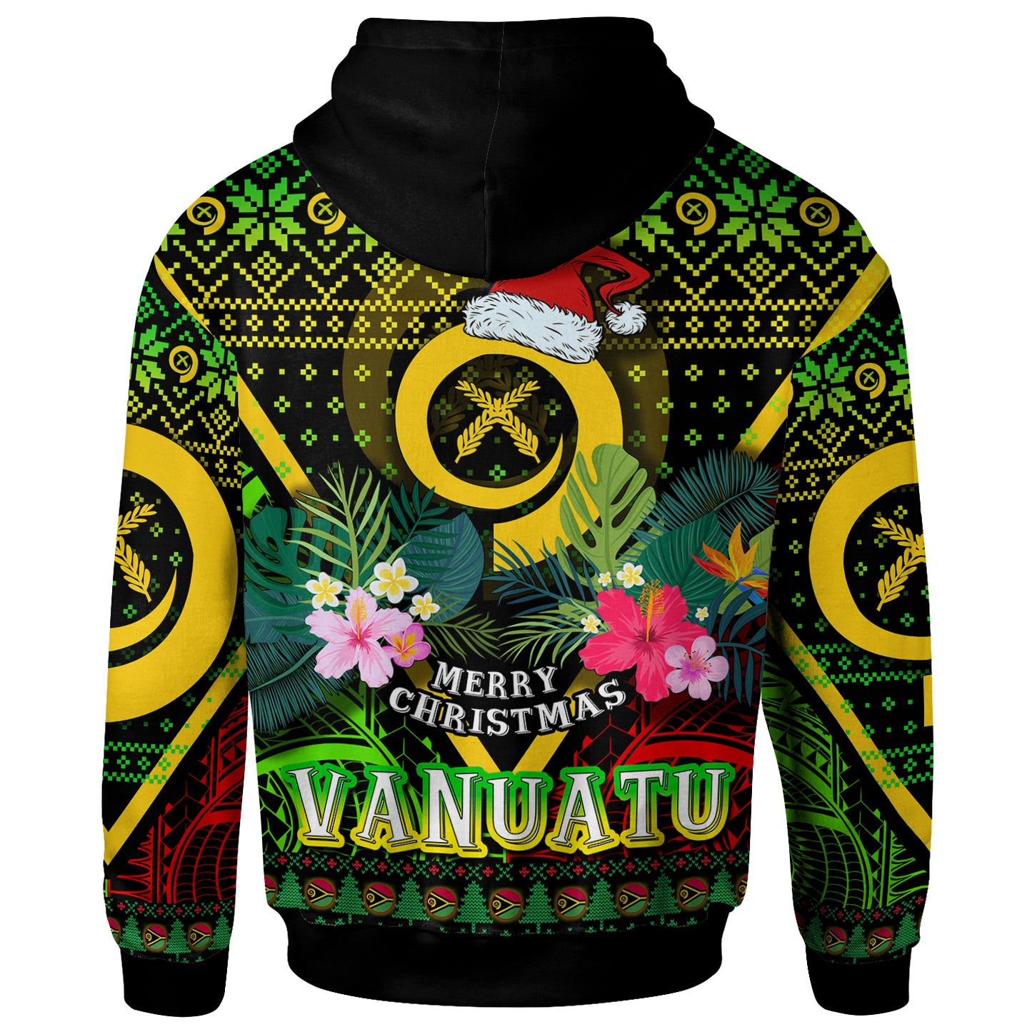 Vanuatu Polynesian Christmas Hoodie - Custom Vanuatu Coat of Arms Christmas Hat Polynesian Patterns Hoodie