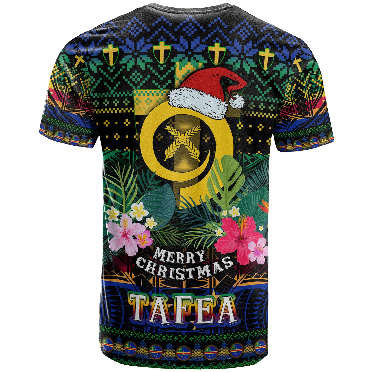 Tafea Polynesian Christmas T-Shirt - Custom Tafea Vanuatu Coat of Arms Christmas Hat Polynesian Patterns T-Shirt