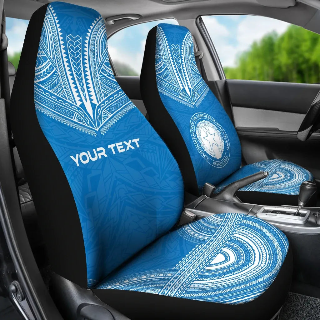 Northern Mariana Island Custom Personalised Car Seat Cover - CNMI Seal Polynesian Chief Tattoo Blue Version