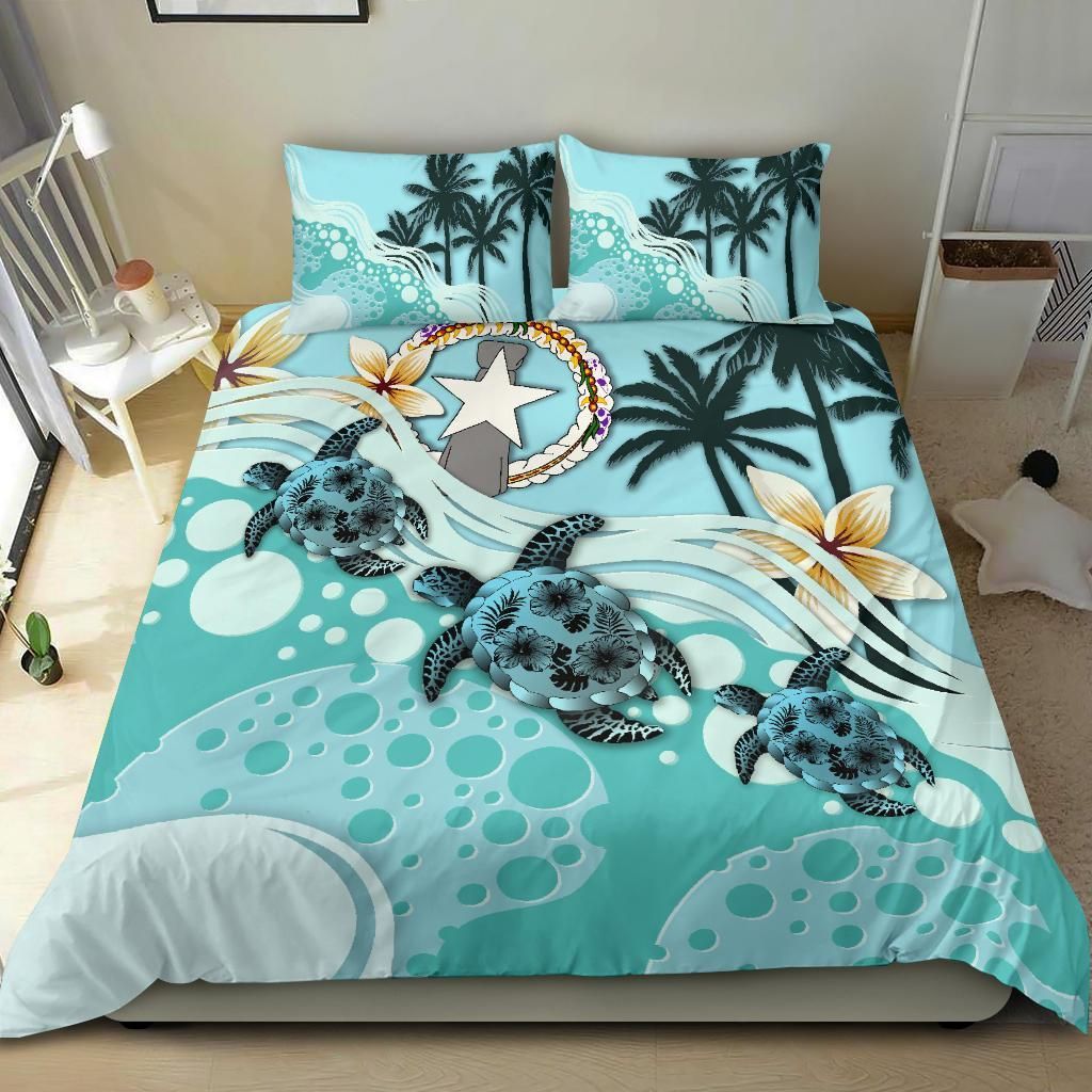 Polynesian Duvet Cover Set - Northern Mariana Islands Bedding Set Blue Turtle Hibiscus