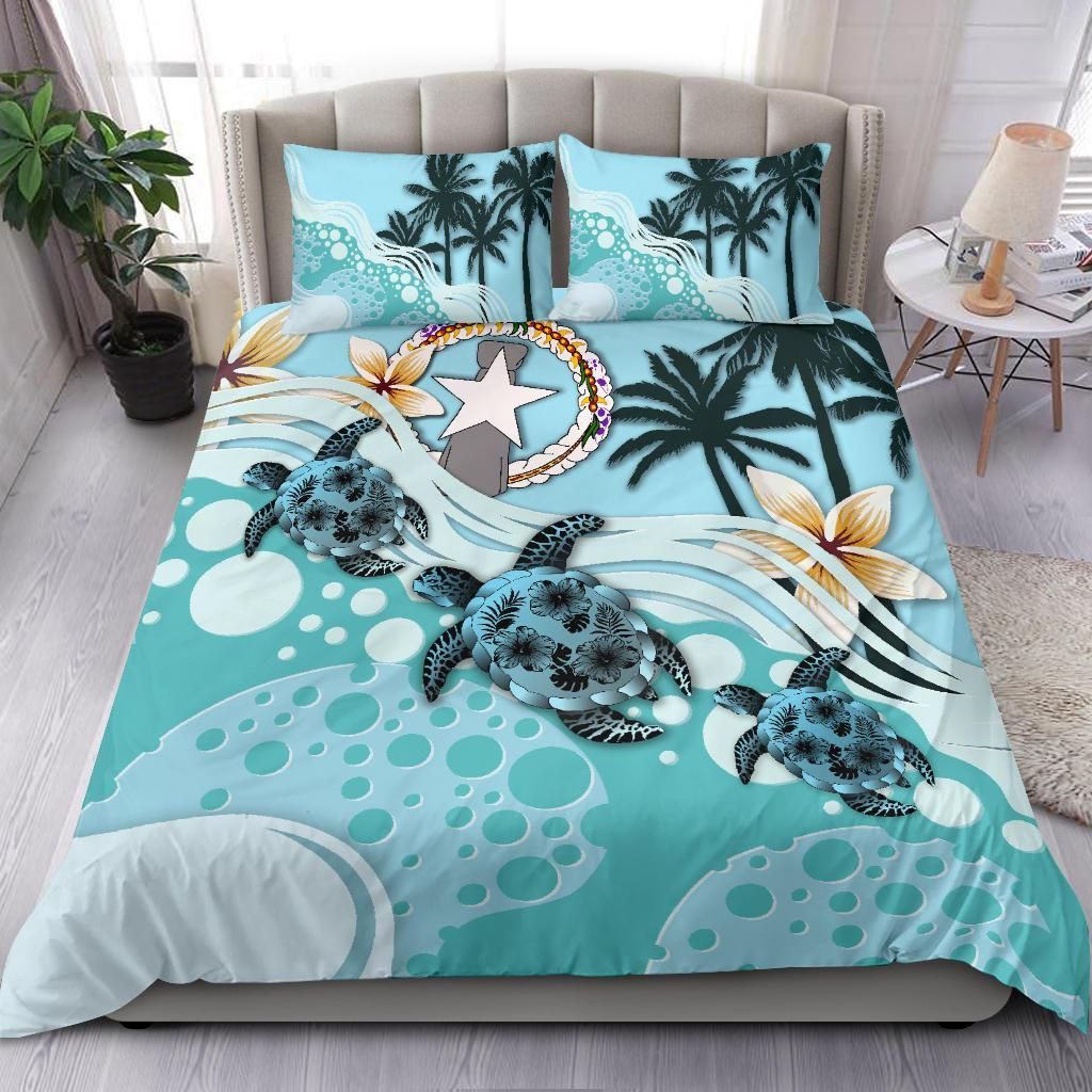 Polynesian Duvet Cover Set - Northern Mariana Islands Bedding Set Blue Turtle Hibiscus