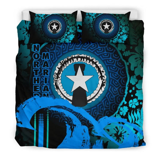 Northern Mariana Islands Duvet Cover Set - Hibiscus And Wave Navy