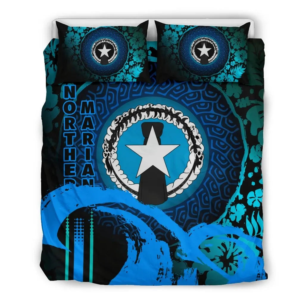 Northern Mariana Islands Duvet Cover Set - Hibiscus And Wave Navy