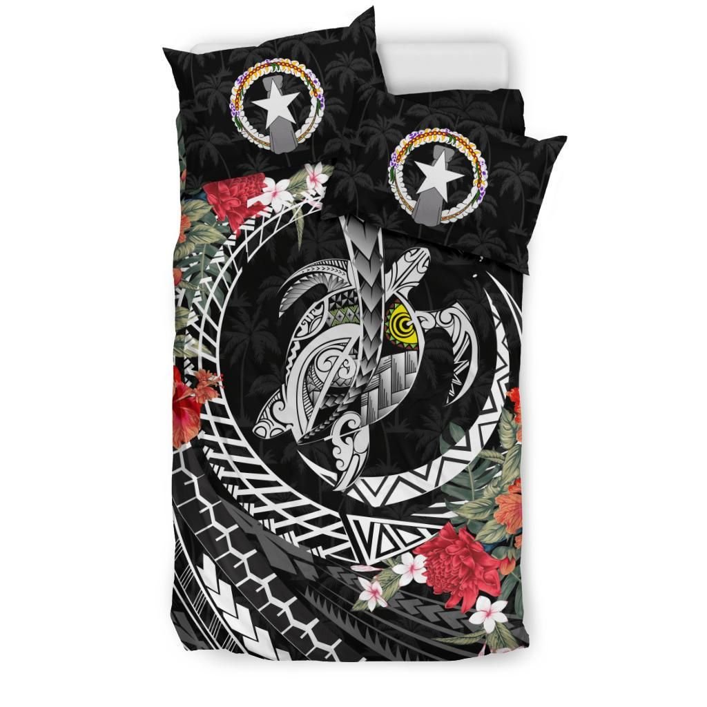 Polynesian Duvet Cover Set - Northern Mariana Islands Bedding Set Polynesia Map Turtle Hibiscus