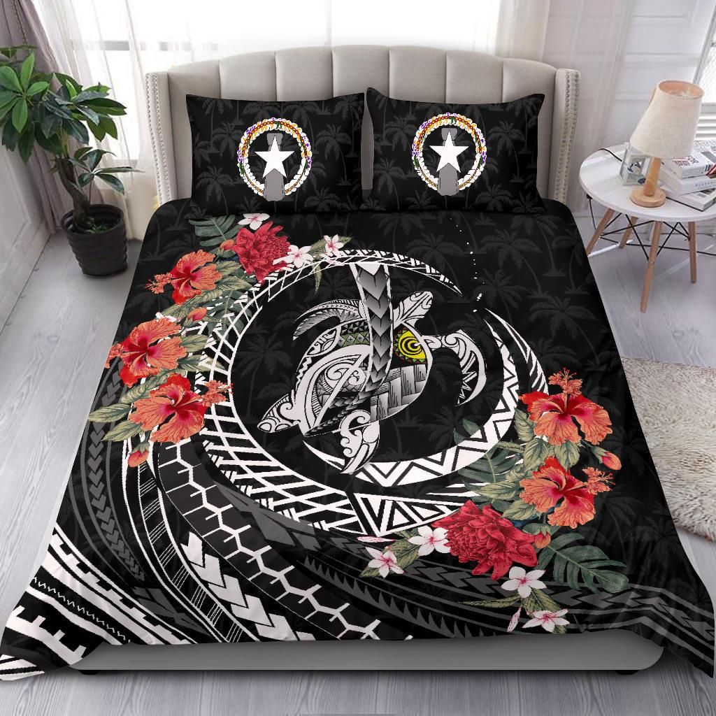 Polynesian Duvet Cover Set - Northern Mariana Islands Bedding Set Polynesia Map Turtle Hibiscus