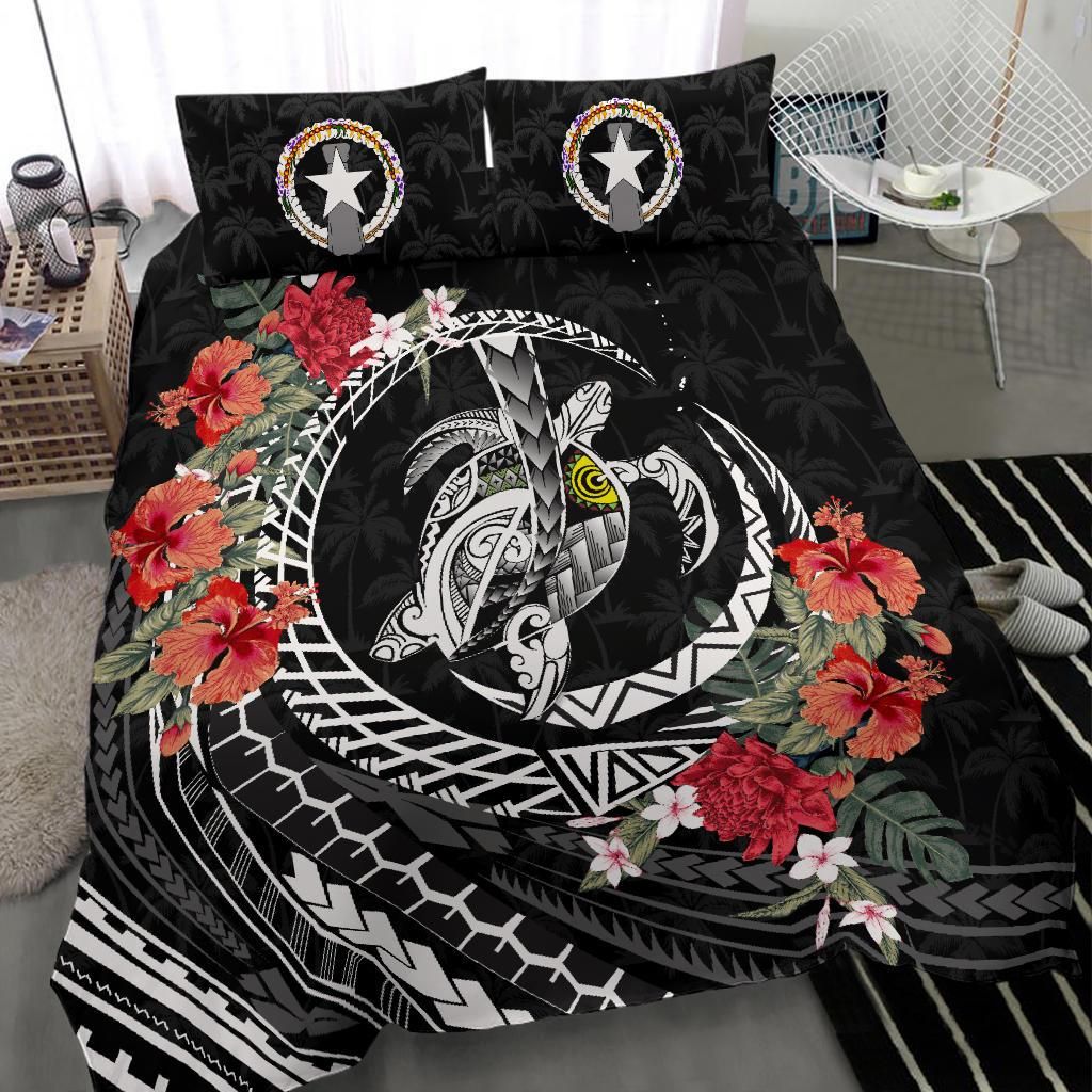 Polynesian Duvet Cover Set - Northern Mariana Islands Bedding Set Polynesia Map Turtle Hibiscus