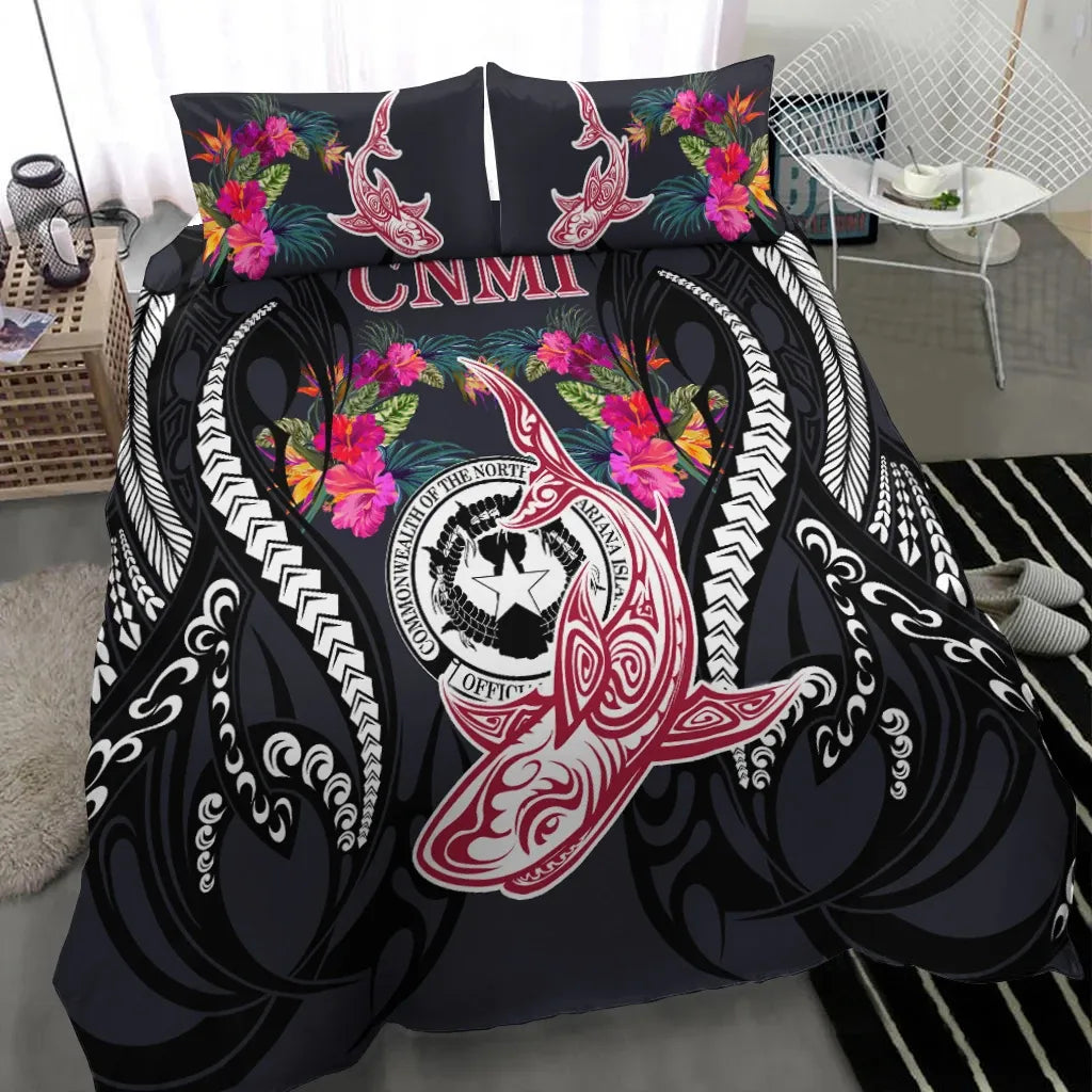 Northern Mariana Islands Bedding Set - Polynesian Shark Hibiscus Flower