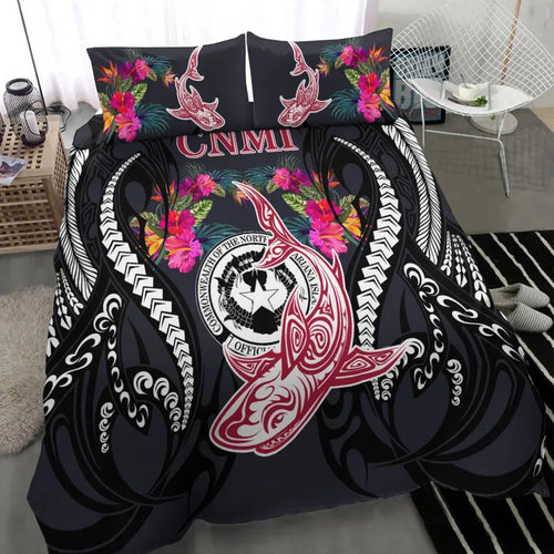 Northern Mariana Islands Bedding Set - Polynesian Shark Hibiscus Flower