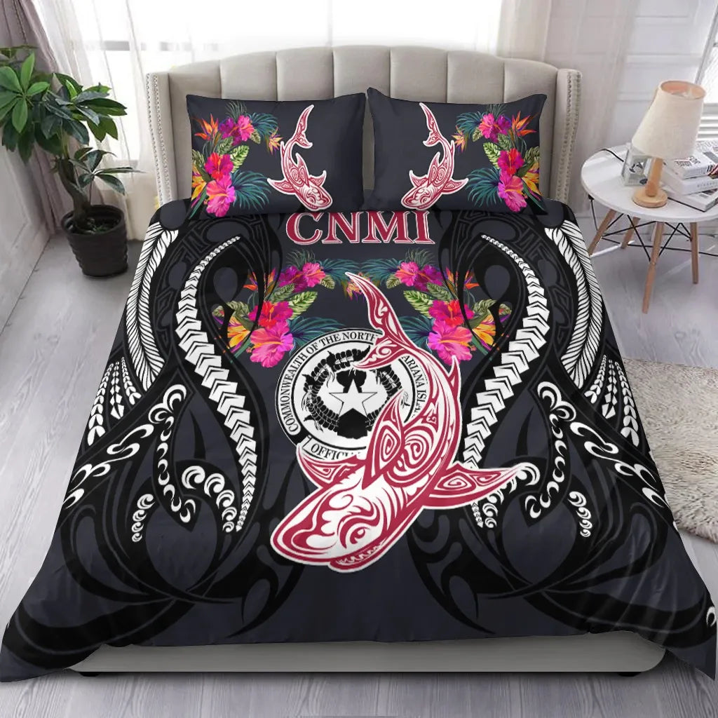 Northern Mariana Islands Bedding Set - Polynesian Shark Hibiscus Flower