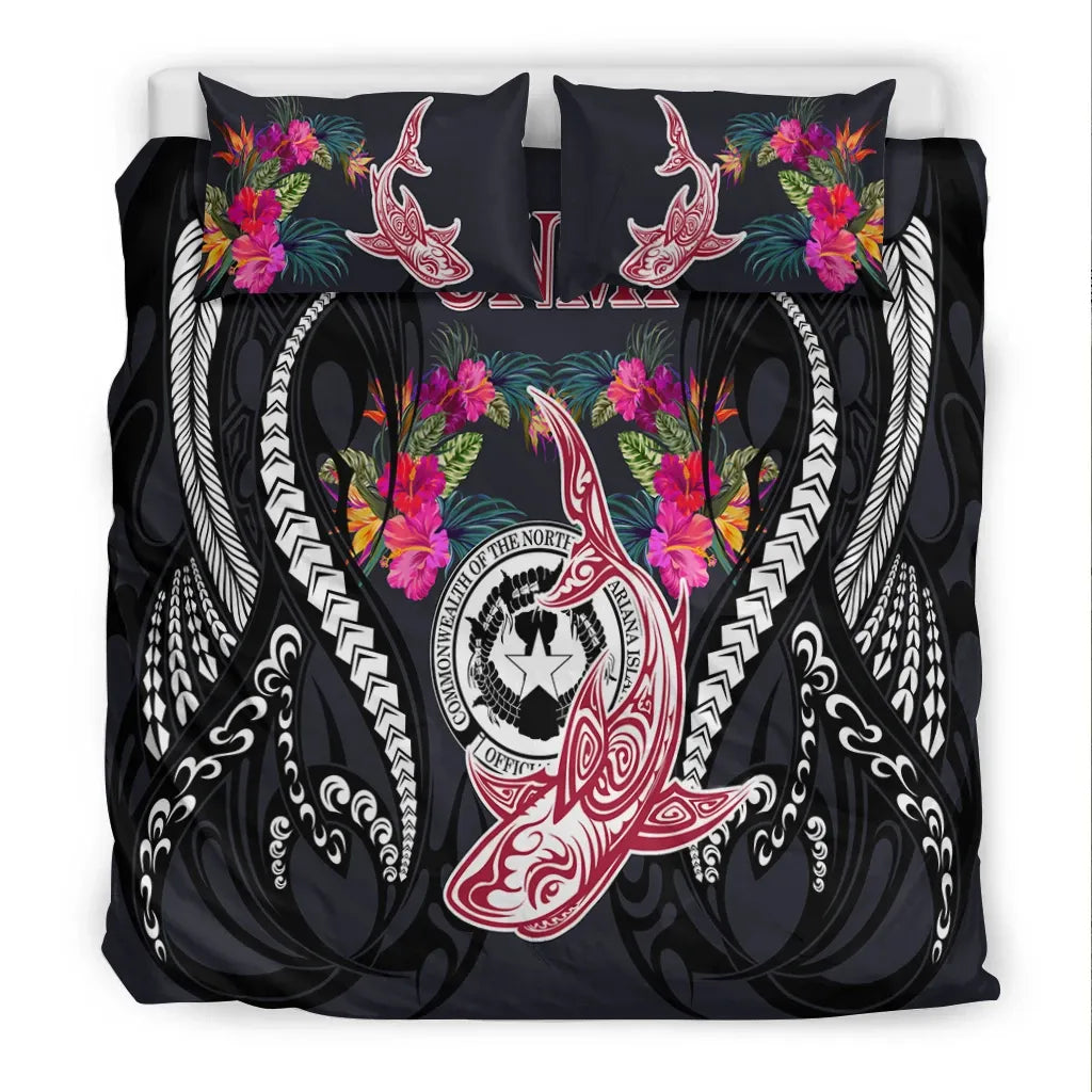 Northern Mariana Islands Bedding Set - Polynesian Shark Hibiscus Flower