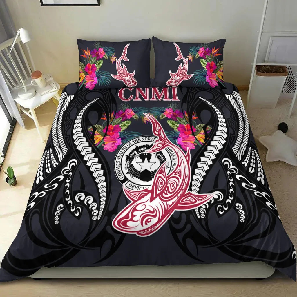 Northern Mariana Islands Bedding Set - Polynesian Shark Hibiscus Flower