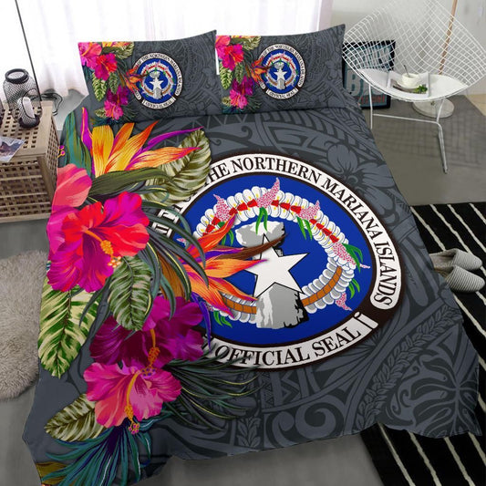 Northern Mariana Islands Bedding Set - Saipan Hibiscus Polynesian Pattern Gray Version