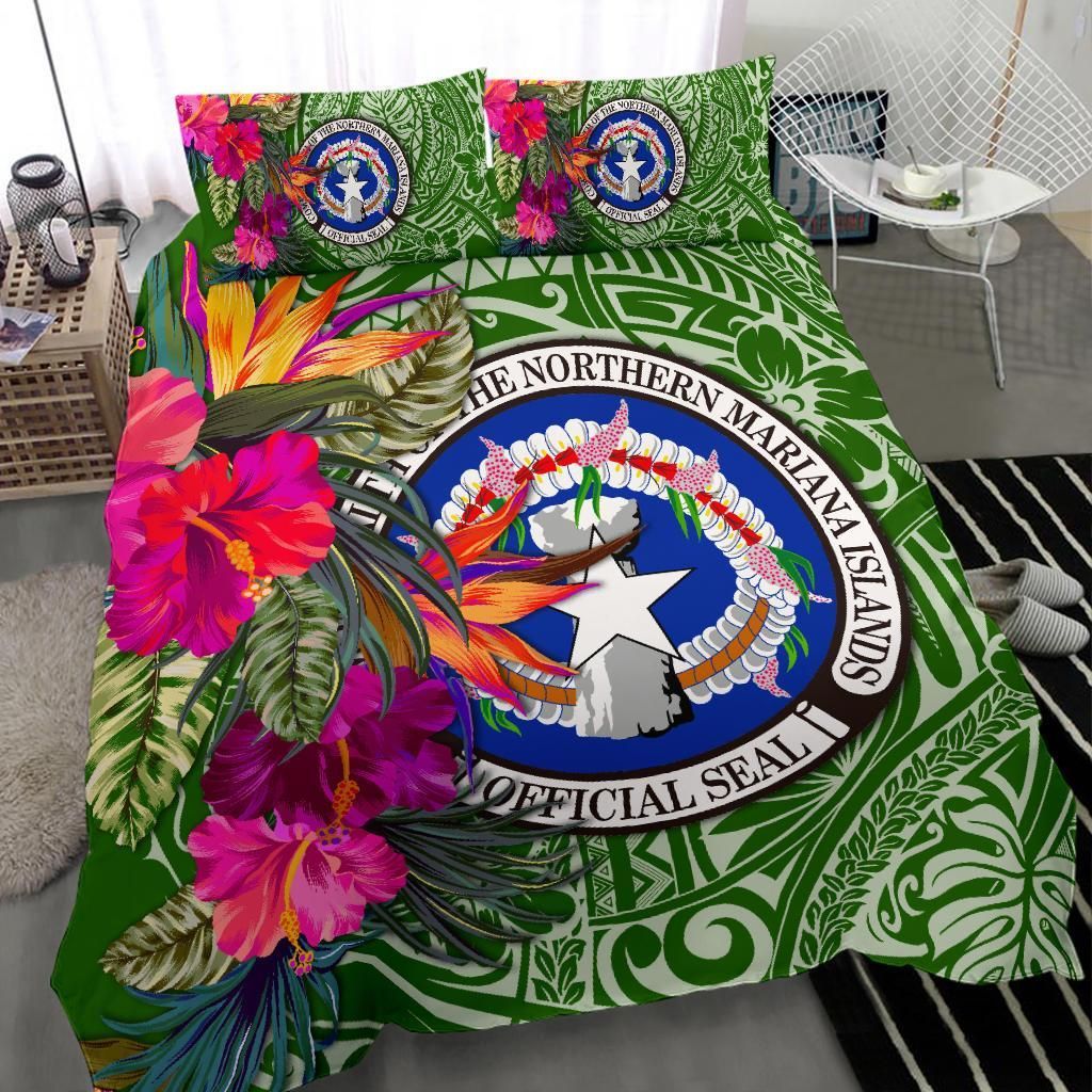 Northern Mariana Islands Bedding Set - Saipan Hibiscus Polynesian Pattern Green Version