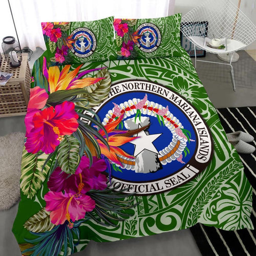 Northern Mariana Islands Bedding Set - Saipan Hibiscus Polynesian Pattern Green Version
