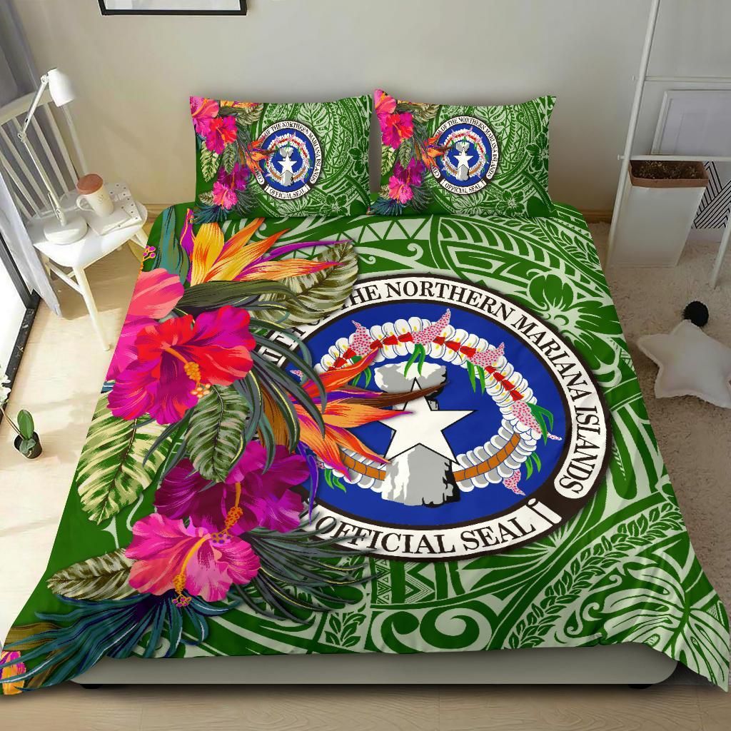 Northern Mariana Islands Bedding Set - Saipan Hibiscus Polynesian Pattern Green Version