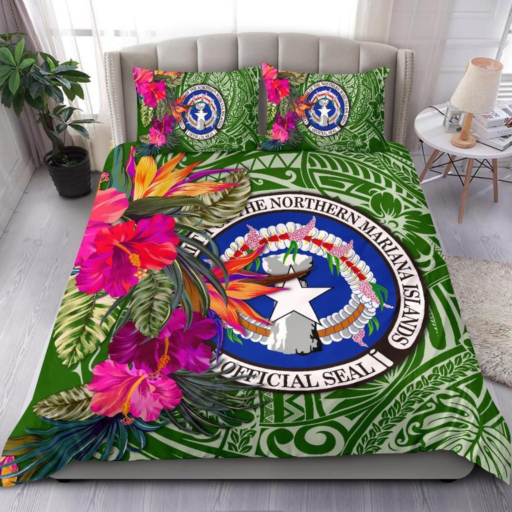 Northern Mariana Islands Bedding Set - Saipan Hibiscus Polynesian Pattern Green Version