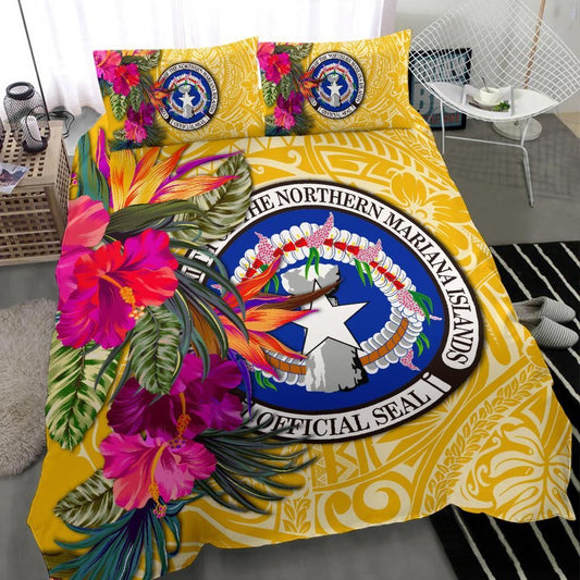 Northern Mariana Islands Bedding Set - Saipan Hibiscus Polynesian Pattern Yellow Version
