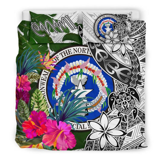 Northern Mariana Islands Bedding Set White - Turtle Plumeria Banana Leaf