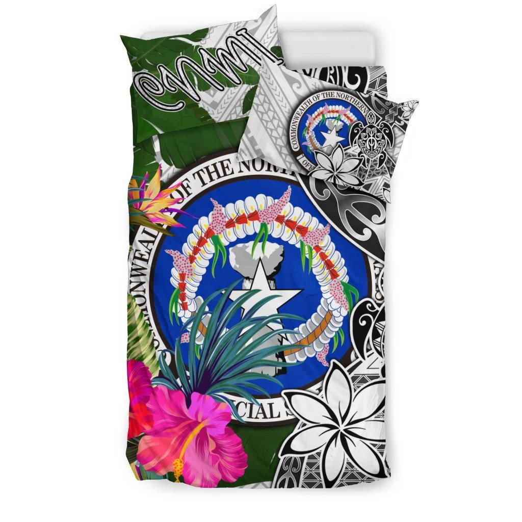 Northern Mariana Islands Bedding Set White - Turtle Plumeria Banana Leaf
