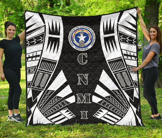 Northern Mariana Islands Premium Quilt - Northern Mariana Islands Seal Polynesian White Tattoo (Black)