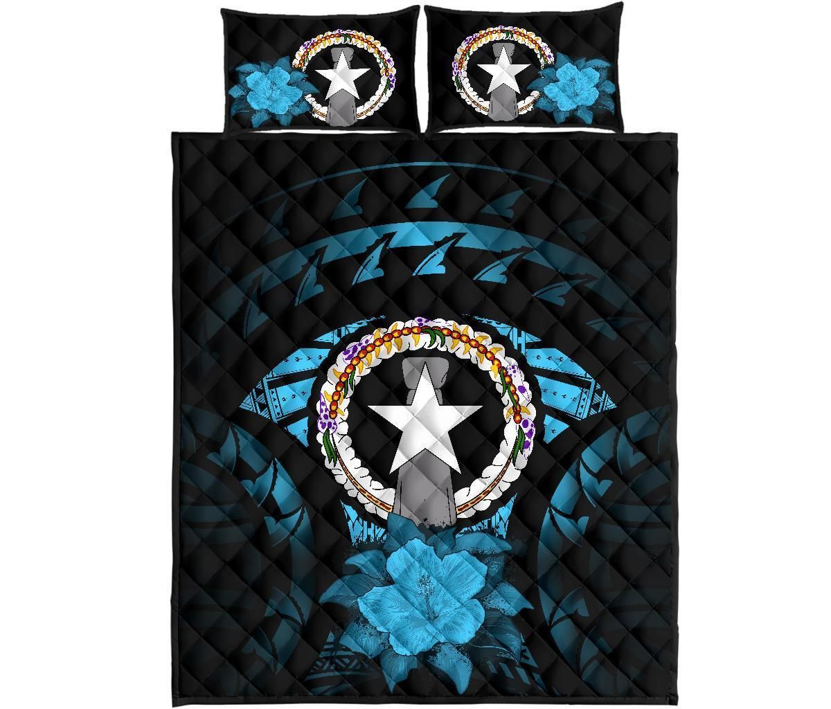 Northern Mariana Islands Polynesian Quilt Bed Set Hibiscus Blue