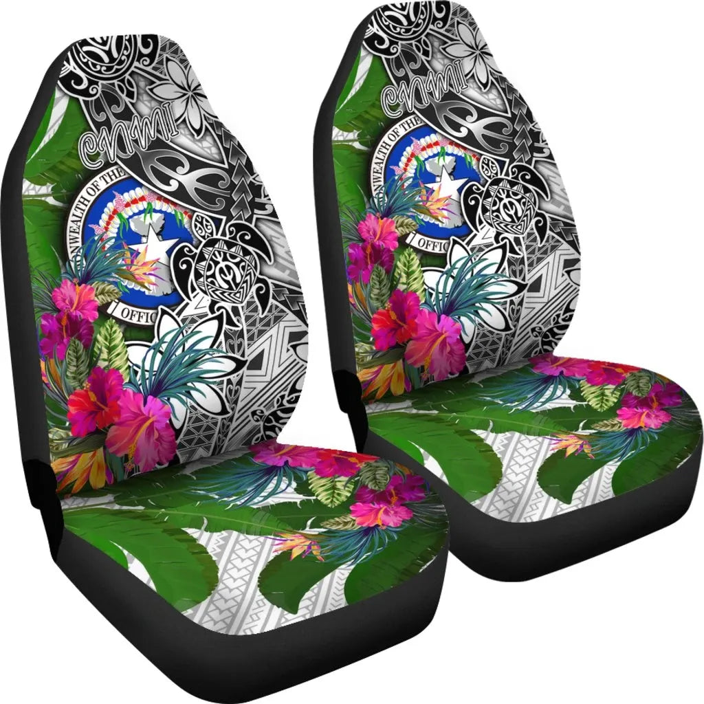 Northern Mariana Islands Car Seat Covers White - Turtle Plumeria Banana Leaf