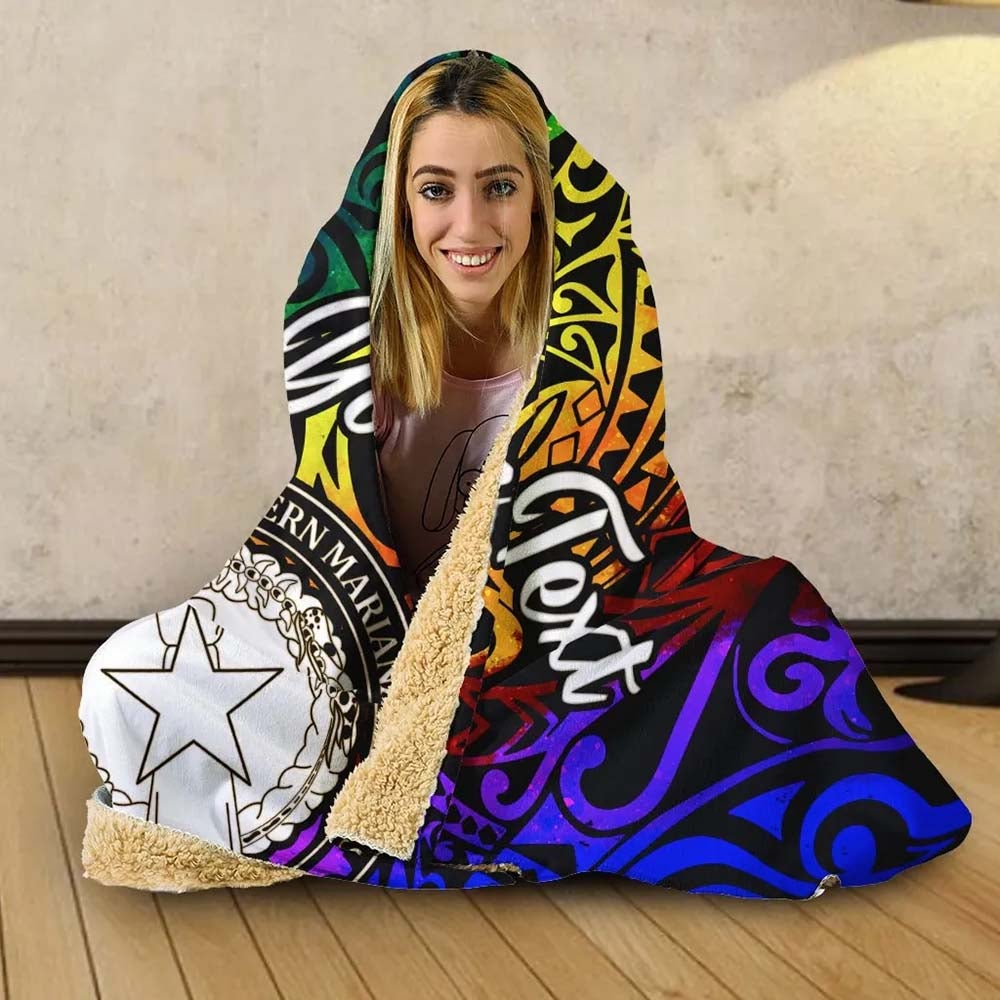 Northern Mariana Islands Custom Personalised Hooded Blanket - Rainbow Polynesian Pattern