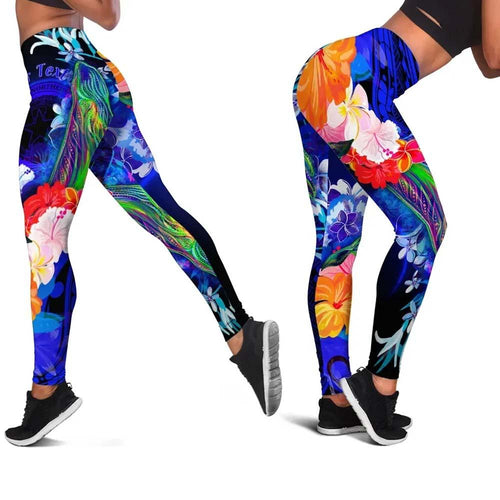 Northern Mariana Islands Custom Personalised  Legging - Humpback Whale with Tropical Flowers (Blue)