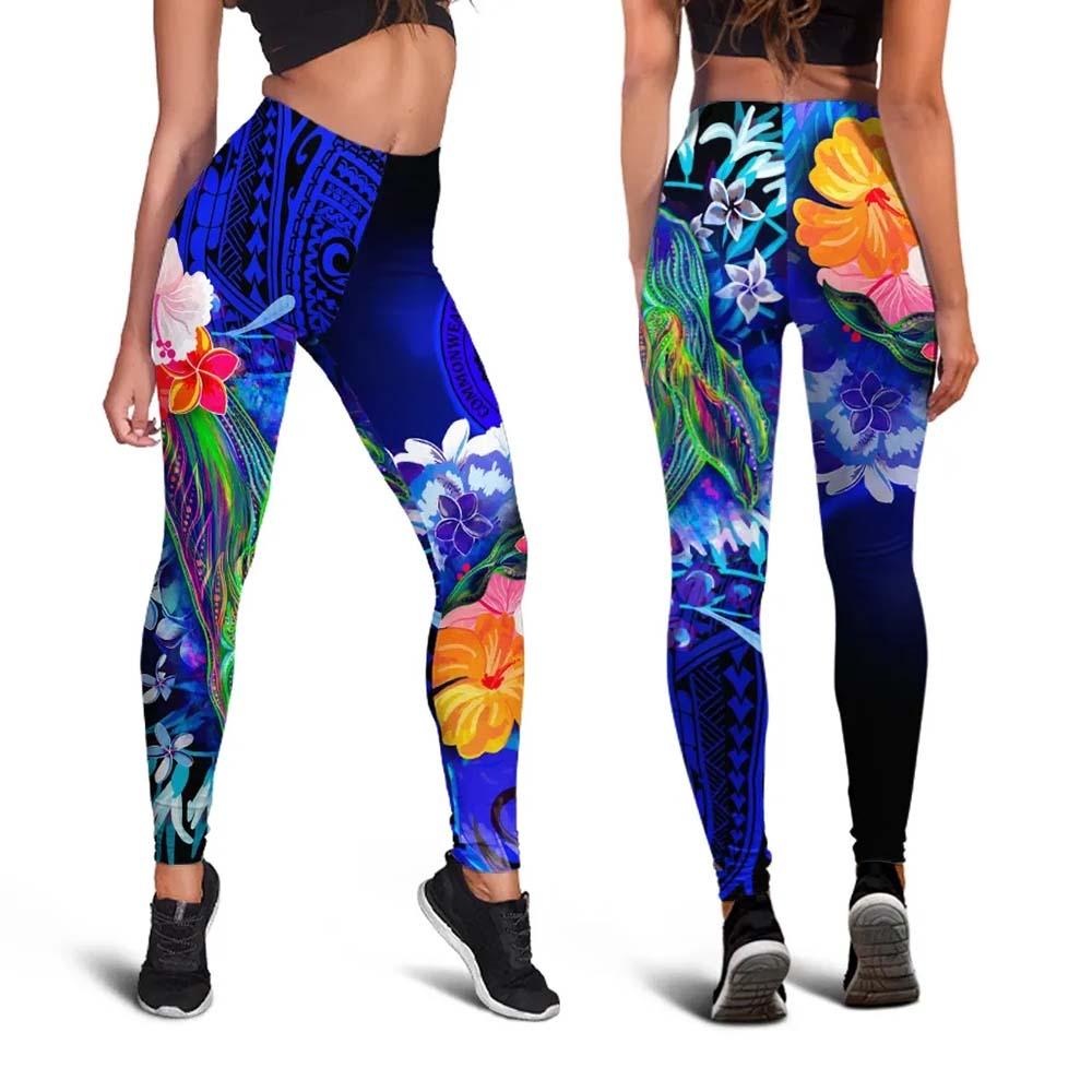 Northern Mariana Islands Custom Personalised  Legging - Humpback Whale with Tropical Flowers (Blue)