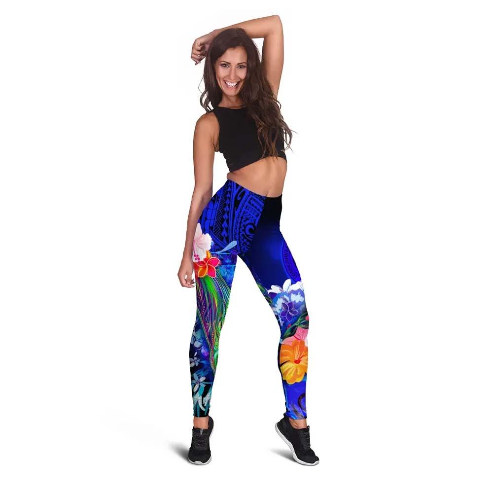 Northern Mariana Islands Custom Personalised  Legging - Humpback Whale with Tropical Flowers (Blue)