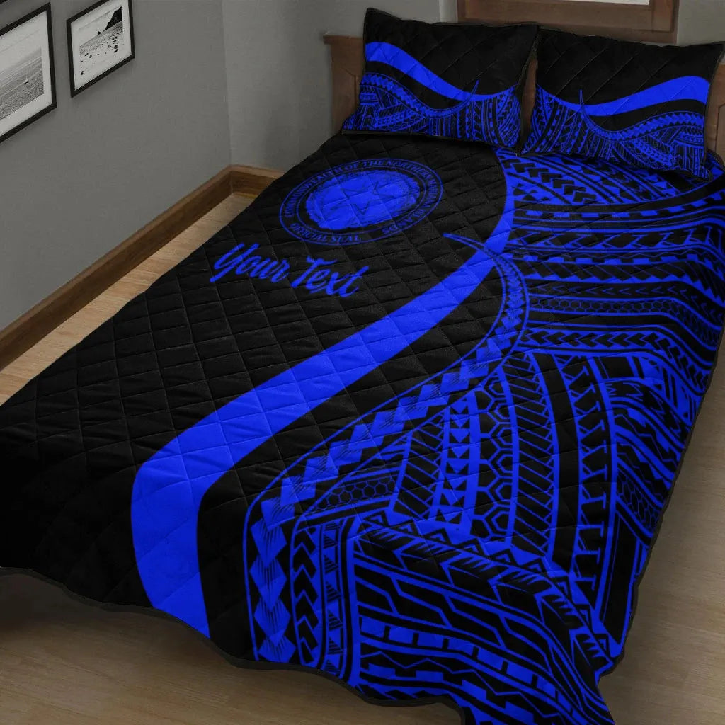 Northern Mariana Islands Custom Personalised Quilt Bed Set - Blue Polynesian Tentacle Tribal Pattern