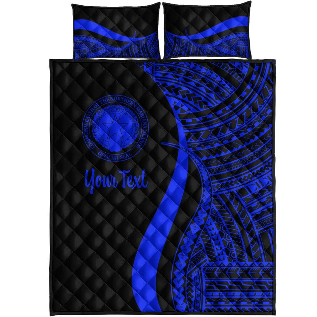 Northern Mariana Islands Custom Personalised Quilt Bed Set - Blue Polynesian Tentacle Tribal Pattern