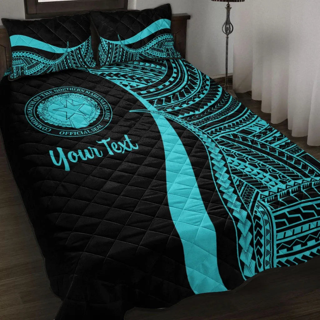 Northern Mariana Islands Custom Personalised Quilt Bed Set - Turquoise Polynesian Tentacle Tribal Pattern