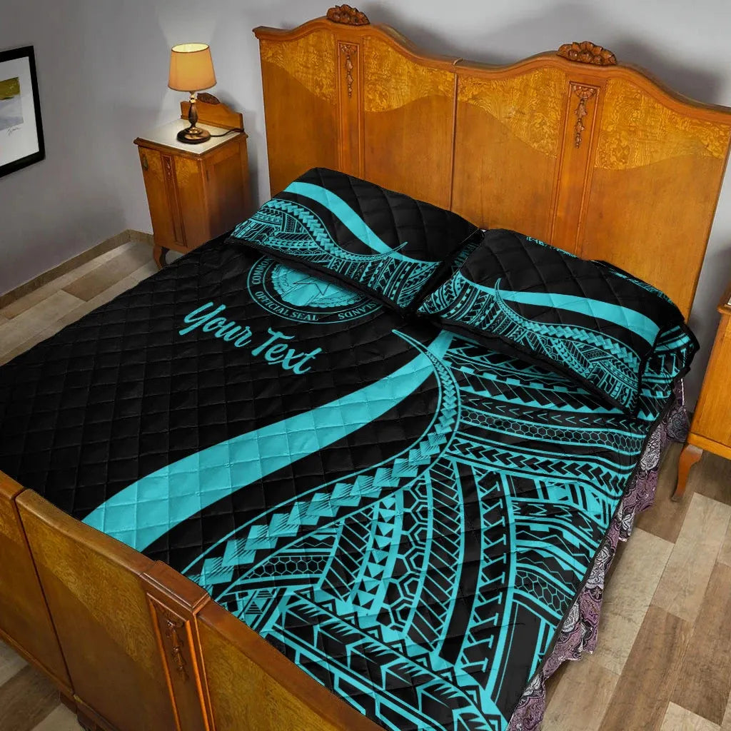 Northern Mariana Islands Custom Personalised Quilt Bed Set - Turquoise Polynesian Tentacle Tribal Pattern