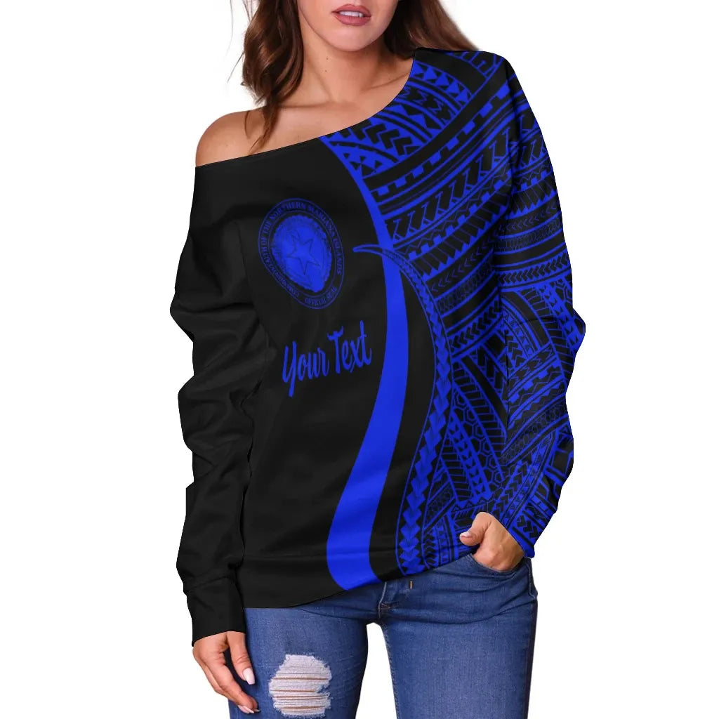 Northern Mariana Islands Custom Personalised Women Off Shoulder Sweater - Blue Polynesian Tentacle Tribal Pattern