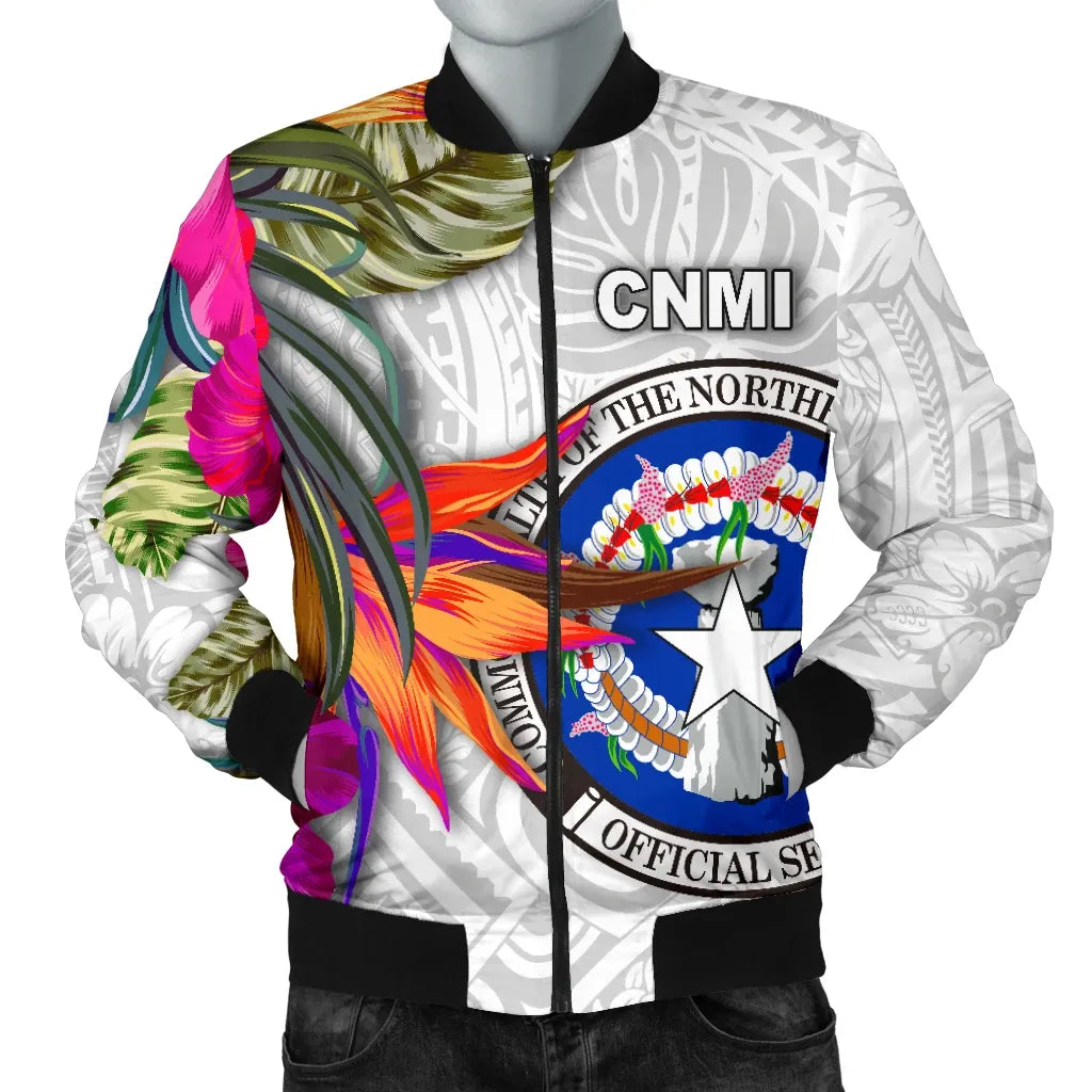 Northern Mariana Islands Bomber Jacket Polynesian Hibiscus White Pattern