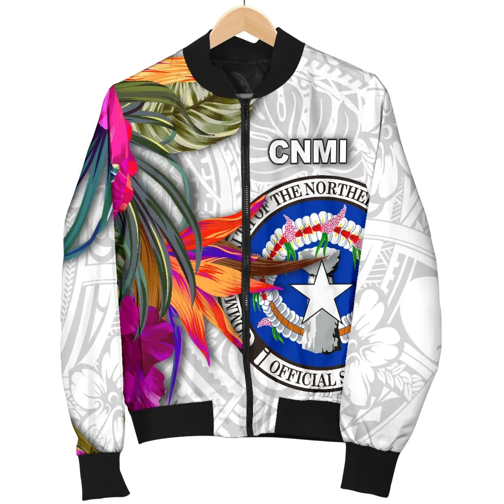 Northern Mariana Islands Bomber Jacket Polynesian Hibiscus White Pattern