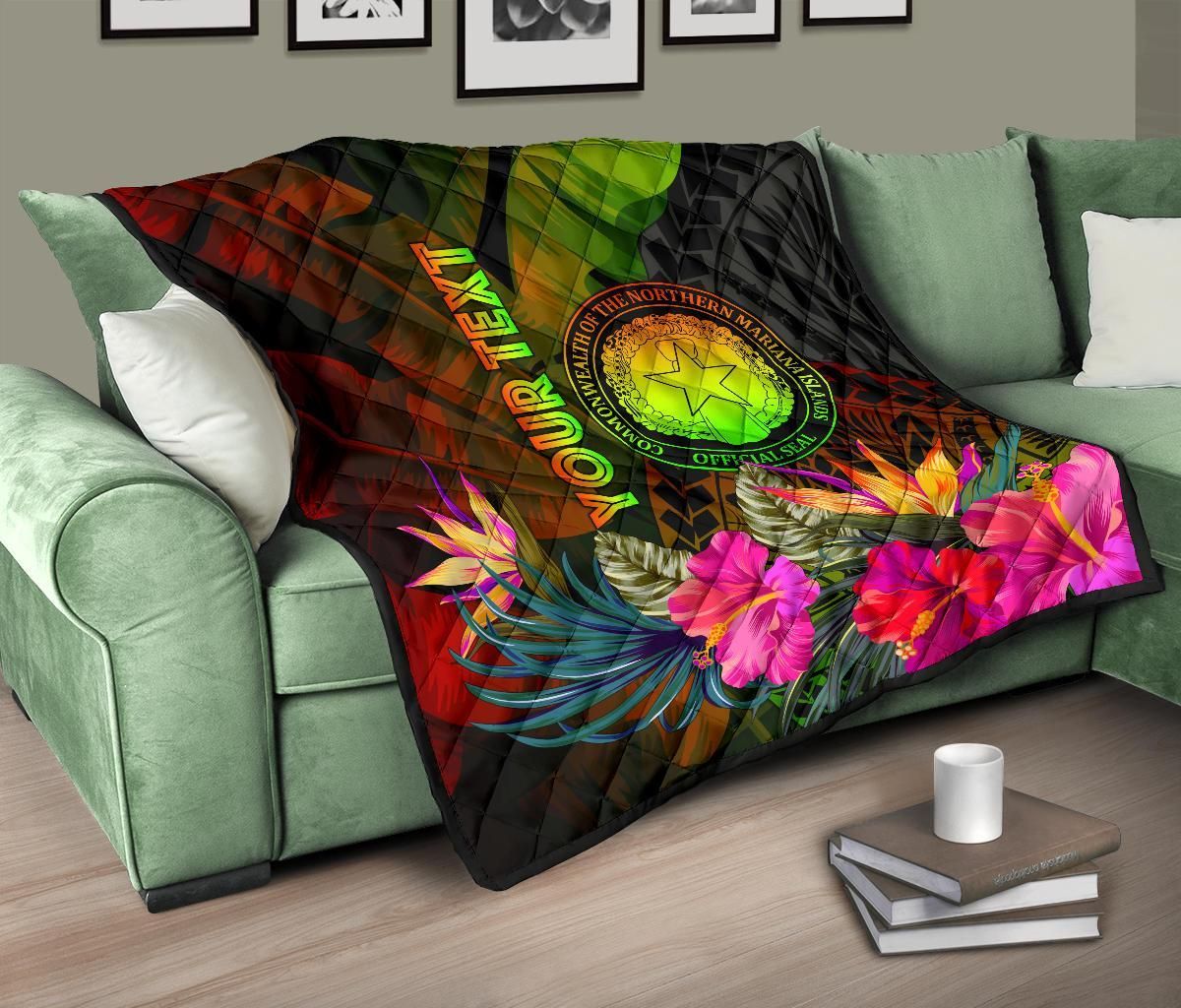 Northern Mariana Islands Personalised Premium Quilt - Hibiscus and Banana Leaves