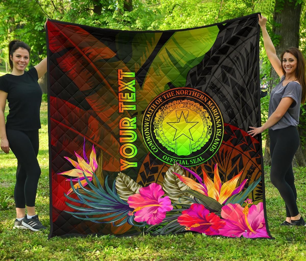 Northern Mariana Islands Personalised Premium Quilt - Hibiscus and Banana Leaves