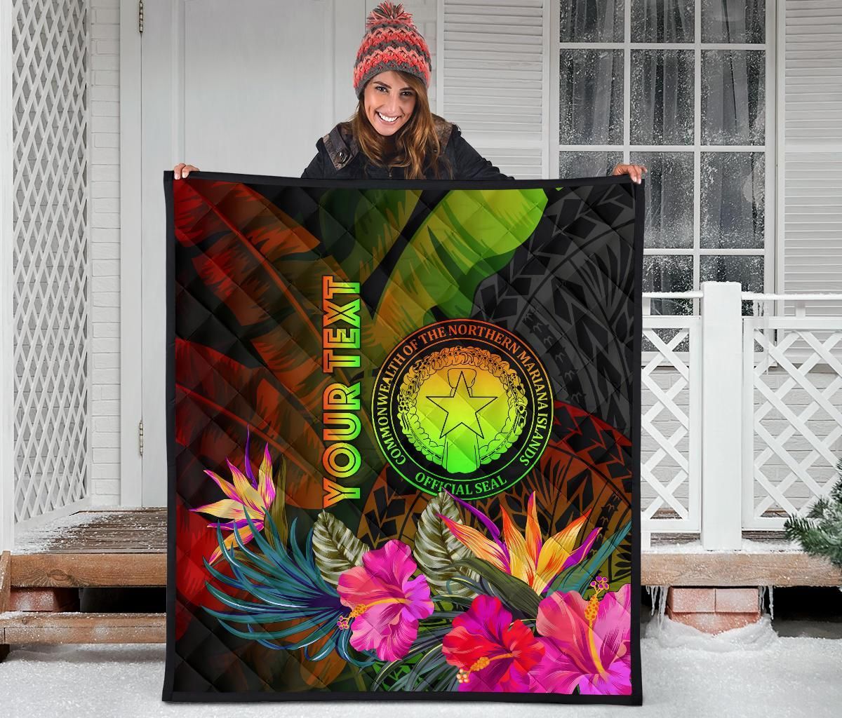 Northern Mariana Islands Personalised Premium Quilt - Hibiscus and Banana Leaves