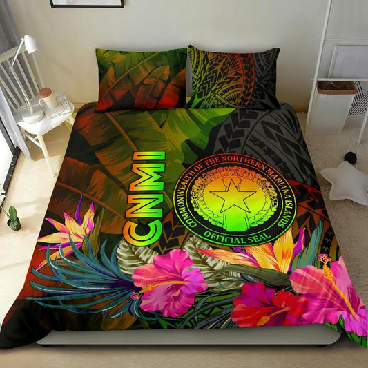 Northern Mariana Islands Polynesian Bedding Set - Hibiscus And Banana Leaves