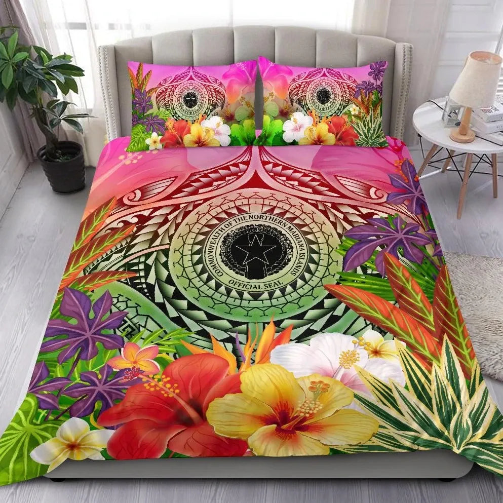 Northern Mariana Islands Polynesian Bedding Set - Manta Ray Tropical Flowers