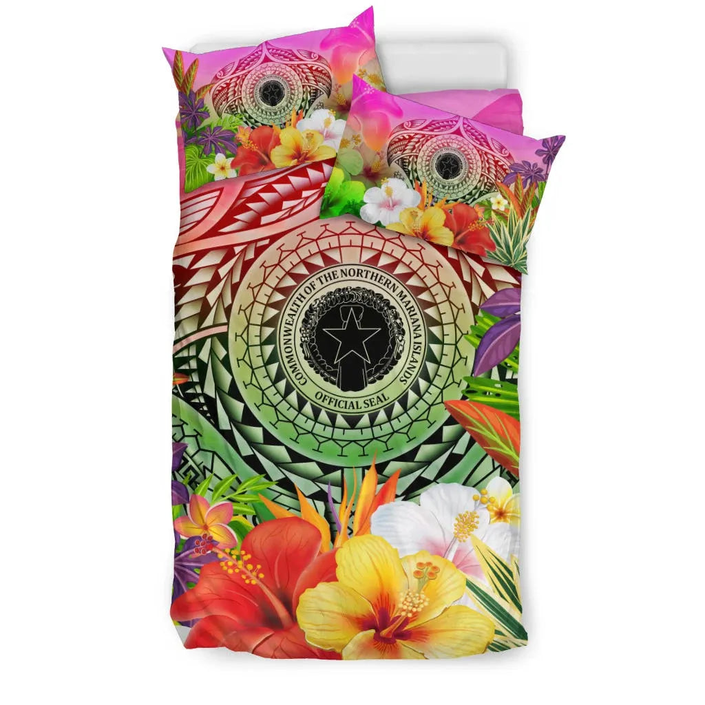 Northern Mariana Islands Polynesian Bedding Set - Manta Ray Tropical Flowers