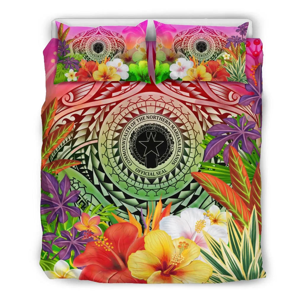 Northern Mariana Islands Polynesian Bedding Set - Manta Ray Tropical Flowers