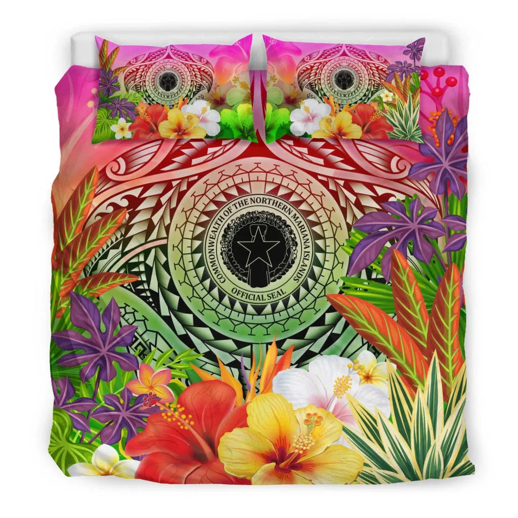 Northern Mariana Islands Polynesian Bedding Set - Manta Ray Tropical Flowers